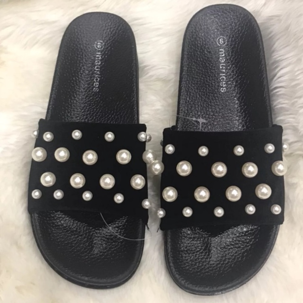Maurices Black Slide Sandals with Pearl Embellishments